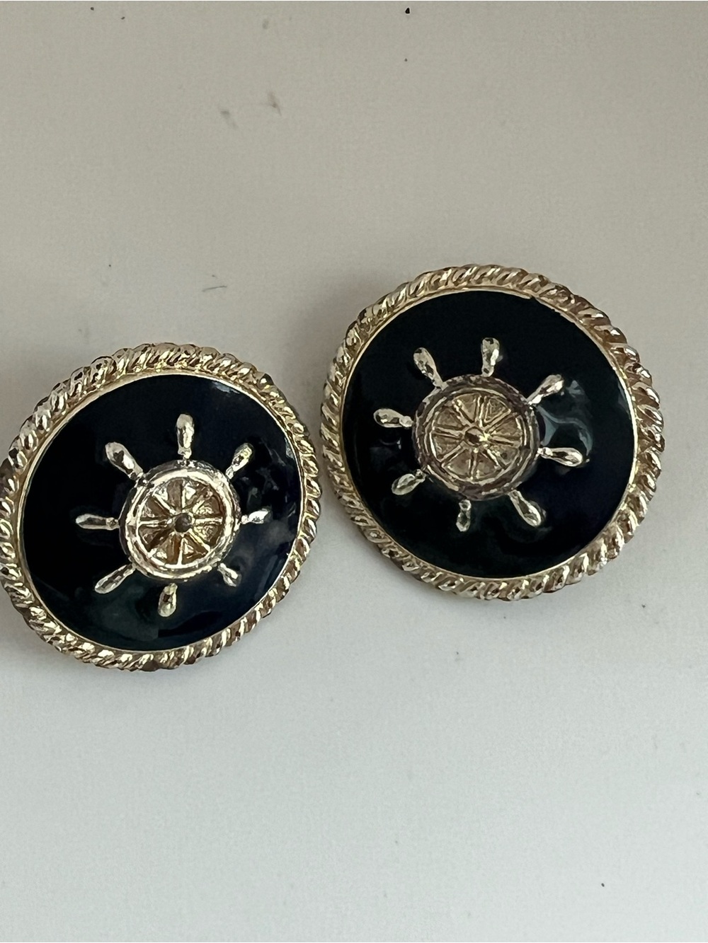 Vintage Nautical Ship Wheel Clip-On Earrings Gold Tone Black Enamel Sailor Coast